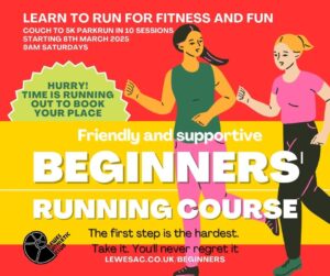 Poster advertising the LAC Beginners Running Course starting on 8th March 2025