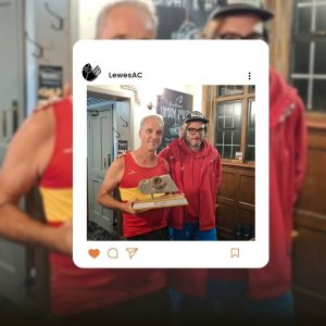 Adrian Thompson collects his trophy after winning Lewes AC's 2025 Masters Mantell