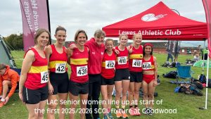 LAC Senior Women line up at start of the first 2025/2026 SCCL fixture at Goodwood