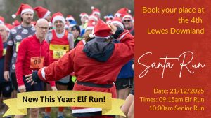Image: Santas at the start line of the Lewes Downland Santa Run: Text: Book your place at the 2025 Lewes Downland Santa Run | Lewes Athletic Club