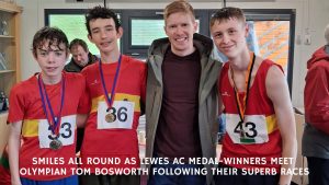 Smiles all round as Lewes AC medal-winners meet Olympian Tom Bosworth following Surrey Walking Club Open Track Walks, which incorporated both the Southern Area Championships and the SWC Christmas Cup.