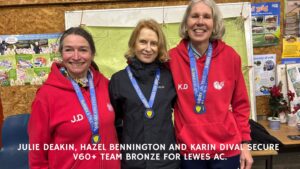 Julie Deakin, Hazel Bennington and Karin Dival secure V60+ team bronze for Lewes AC at 2026 Sussex Masters