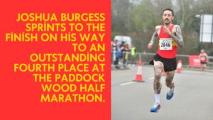 Lewes AC's Joshua Burgess sprints to the finish on his way to an outstanding fourth place at the 2026 Paddock Wood Half Marathon.