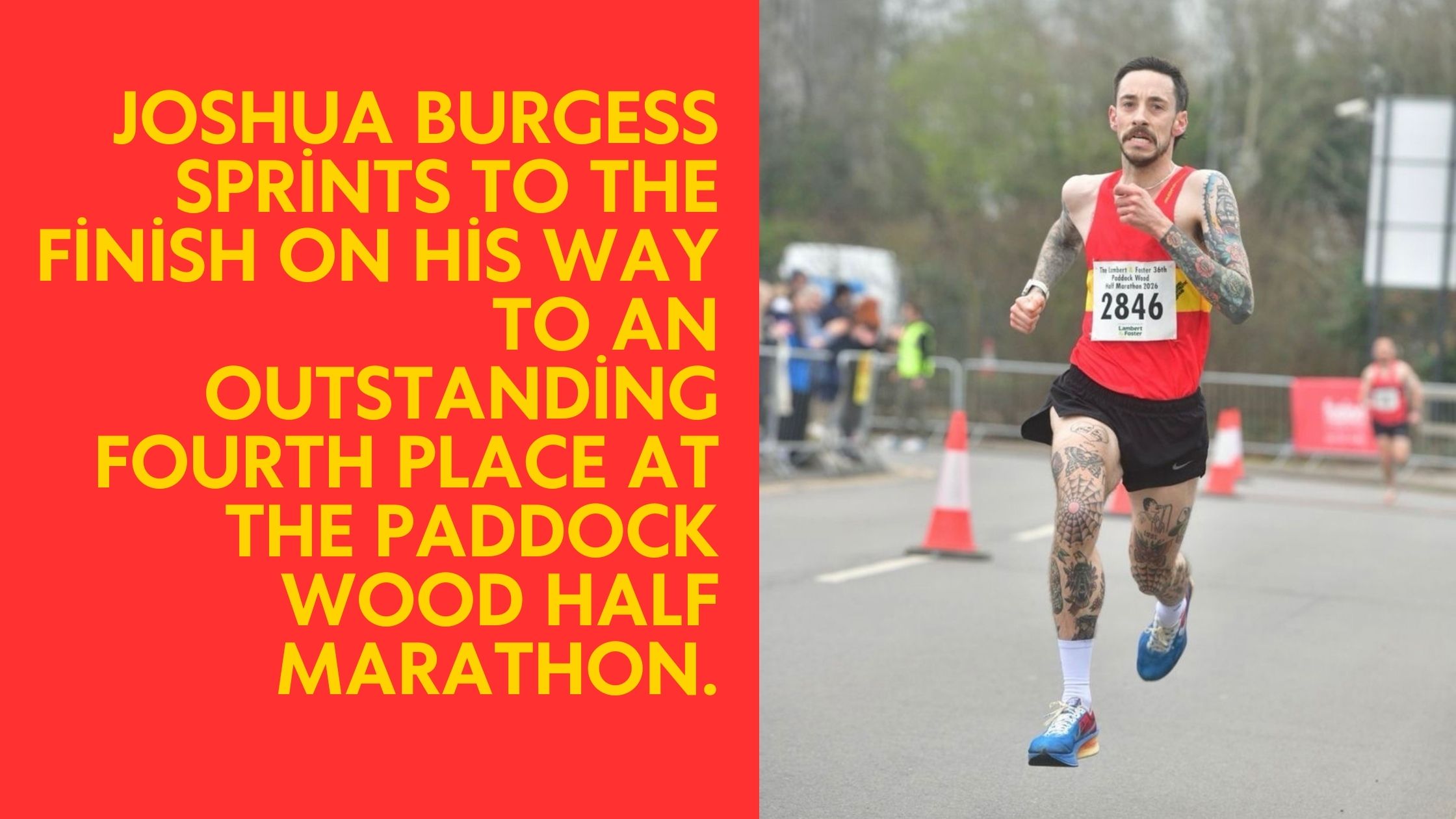 Lewes AC's Joshua Burgess sprints to the finish on his way to an outstanding fourth place at the 2026 Paddock Wood Half Marathon.