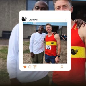 Lewes Athletic Club's Robert Cooper meets Linford Christie at the 2026 Southern Counties Veterans Athletics Club (SCVAC) Regional Track and Field League Final in London.